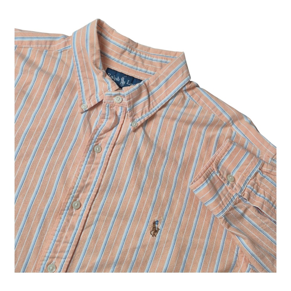 VTG Ralph Lauren Long Sleeve Orange Blue Striped Button Down Shirt Men's XL